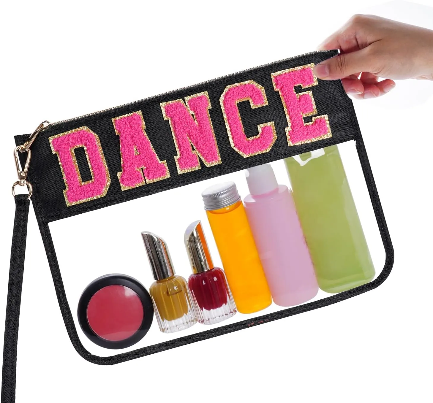 Chenille Letter Bag, Clear Flat Pouches with Zipper, Clear Makeup letter Bag, Multi-purpose Nylon Clear Cosmetic Bags, Clear Pouch Bag for Travel, Gym, Beach (Black-Dance)