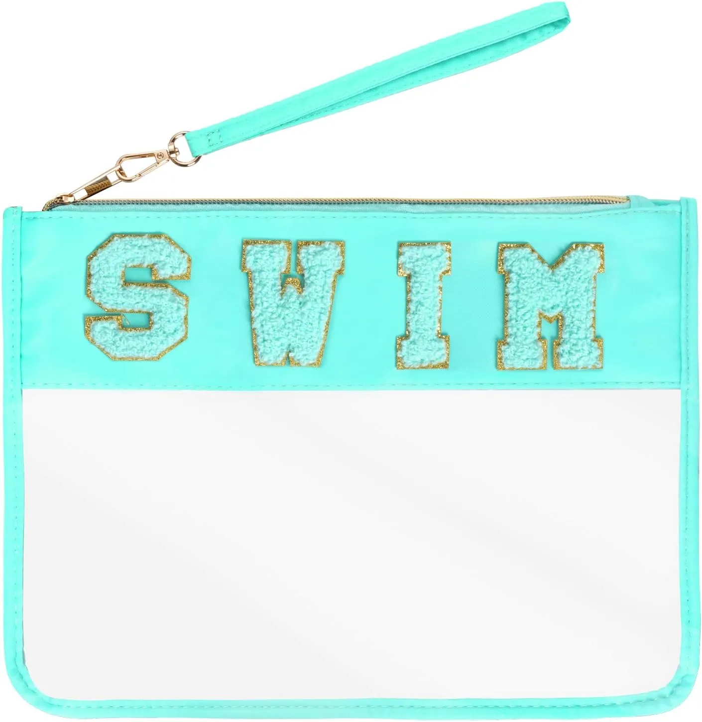Chenille Letter Bag, Multi-purpose Nylon Clear Makeup Cosmetic Bags Flat Pouches with Zipper for Travel, Gym, Beach (Blue-Swim)