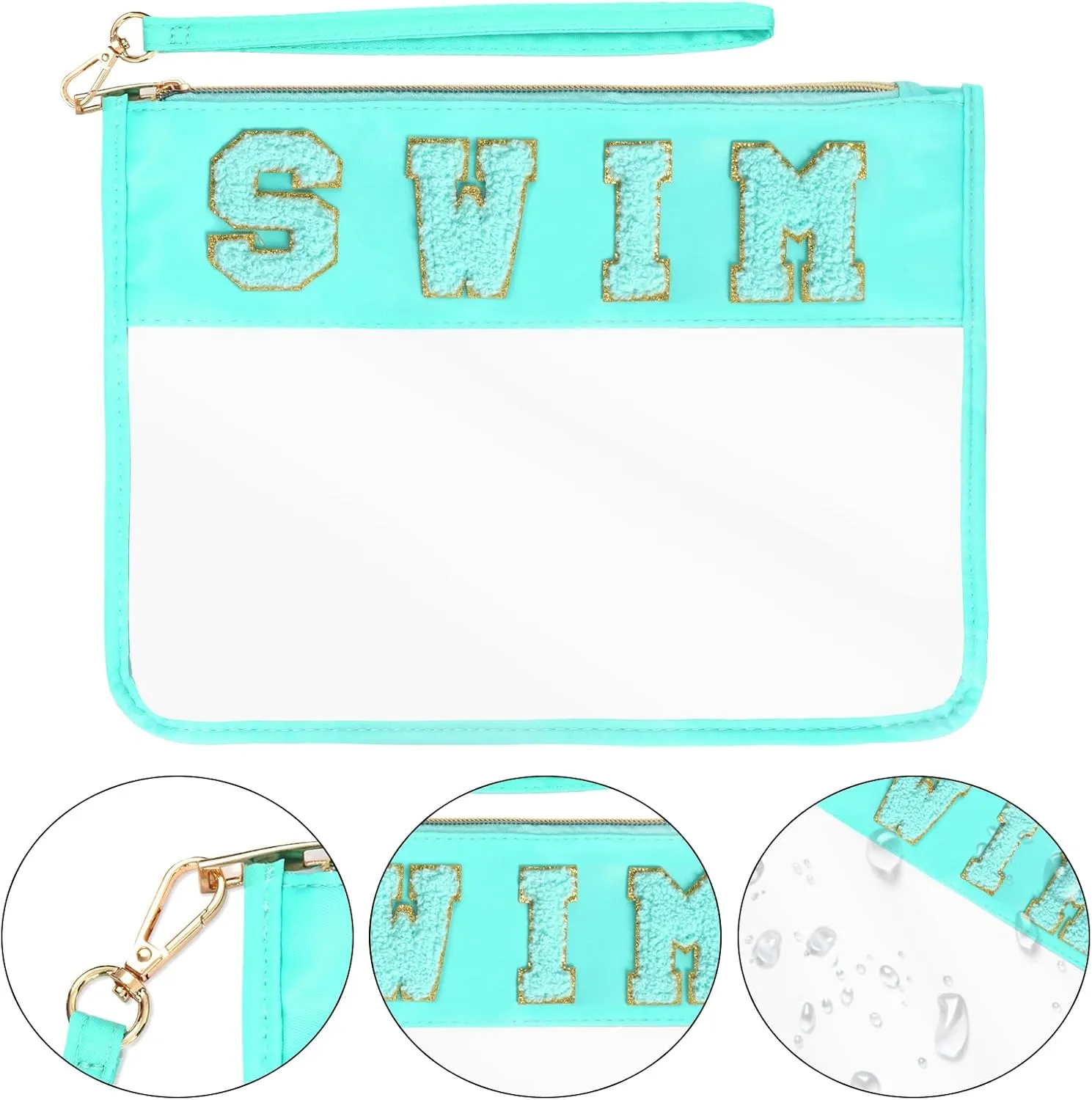 Chenille Letter Bag, Multi-purpose Nylon Clear Makeup Cosmetic Bags Flat Pouches with Zipper for Travel, Gym, Beach (Blue-Swim)
