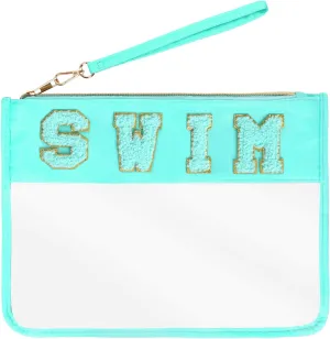 Chenille Letter Bag, Multi-purpose Nylon Clear Makeup Cosmetic Bags Flat Pouches with Zipper for Travel, Gym, Beach (Blue-Swim)