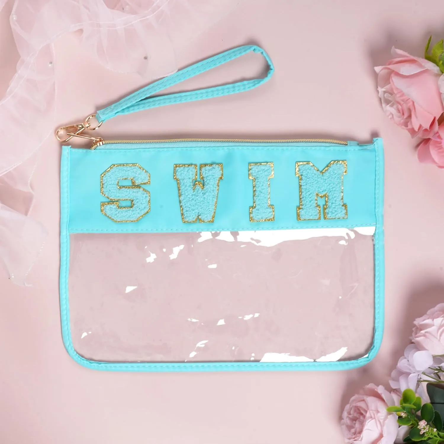 Chenille Letter Bag, Multi-purpose Nylon Clear Makeup Cosmetic Bags Flat Pouches with Zipper for Travel, Gym, Beach (Blue-Swim)