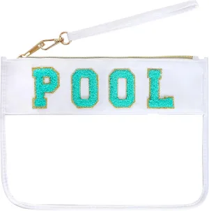 Chenille Letter Bag, Multi-purpose Nylon Clear Makeup Cosmetic Bags Flat Pouches with Zipper for Travel, Gym, Beach (White-Pool)