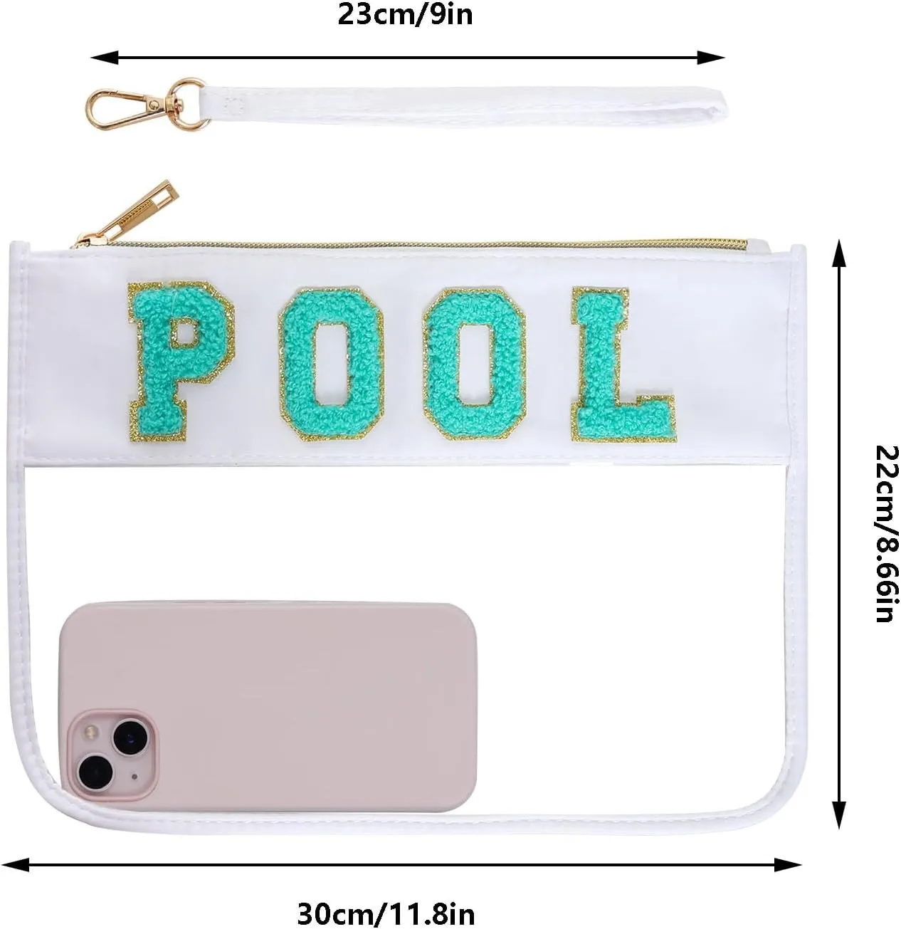 Chenille Letter Bag, Multi-purpose Nylon Clear Makeup Cosmetic Bags Flat Pouches with Zipper for Travel, Gym, Beach (White-Pool)
