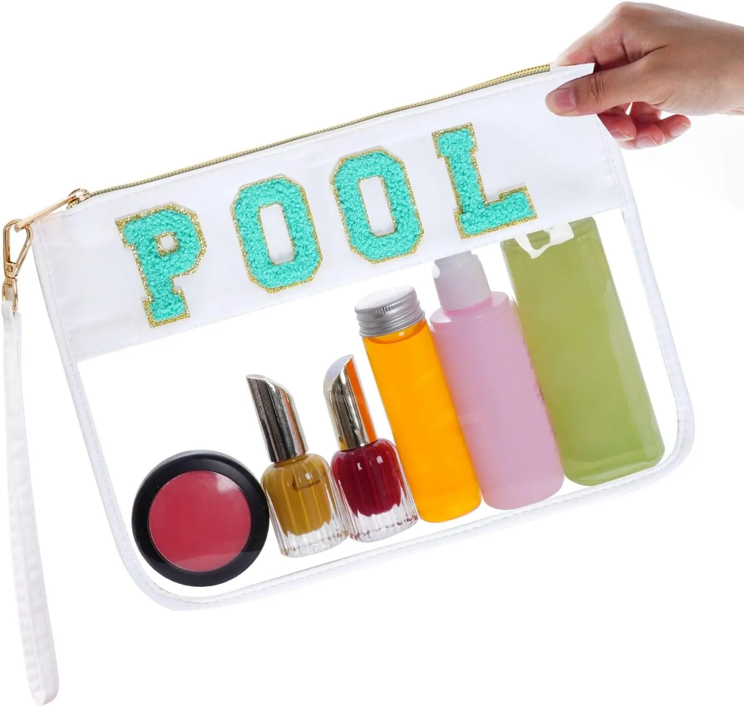 Chenille Letter Bag, Multi-purpose Nylon Clear Makeup Cosmetic Bags Flat Pouches with Zipper for Travel, Gym, Beach (White-Pool)