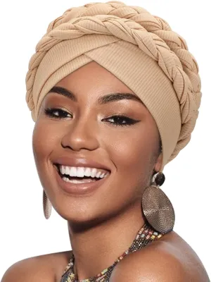 DRESHOW African Women Turban Caps Beanie Twist Headscarf Pre-Tied Double Twisted Braid Headwraps Black Women Chemo Cancer Cap