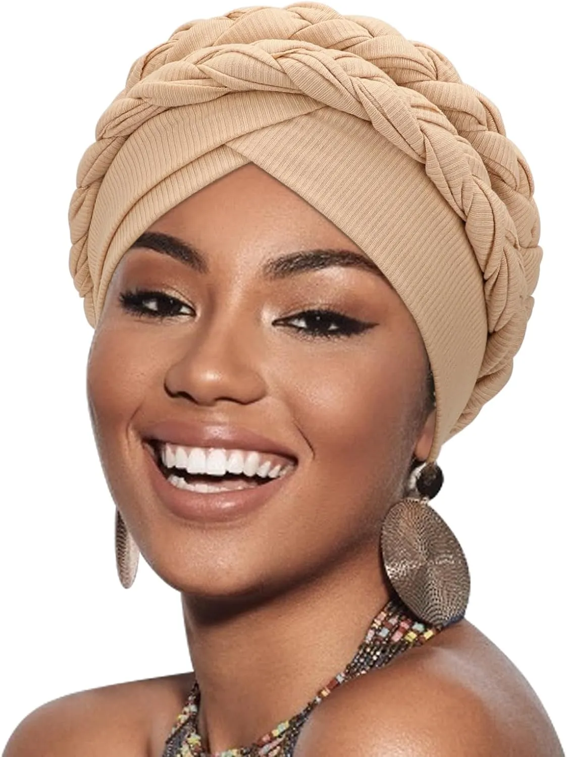 DRESHOW African Women Turban Caps Beanie Twist Headscarf Pre-Tied Double Twisted Braid Headwraps Black Women Chemo Cancer Cap