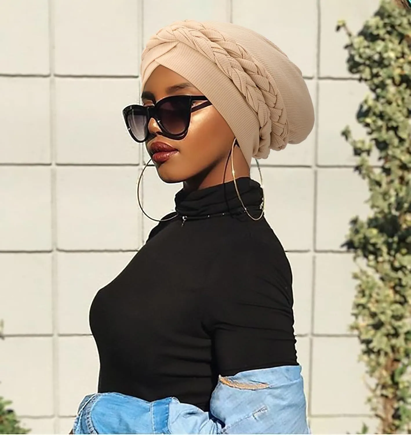 DRESHOW African Women Turban Caps Beanie Twist Headscarf Pre-Tied Double Twisted Braid Headwraps Black Women Chemo Cancer Cap