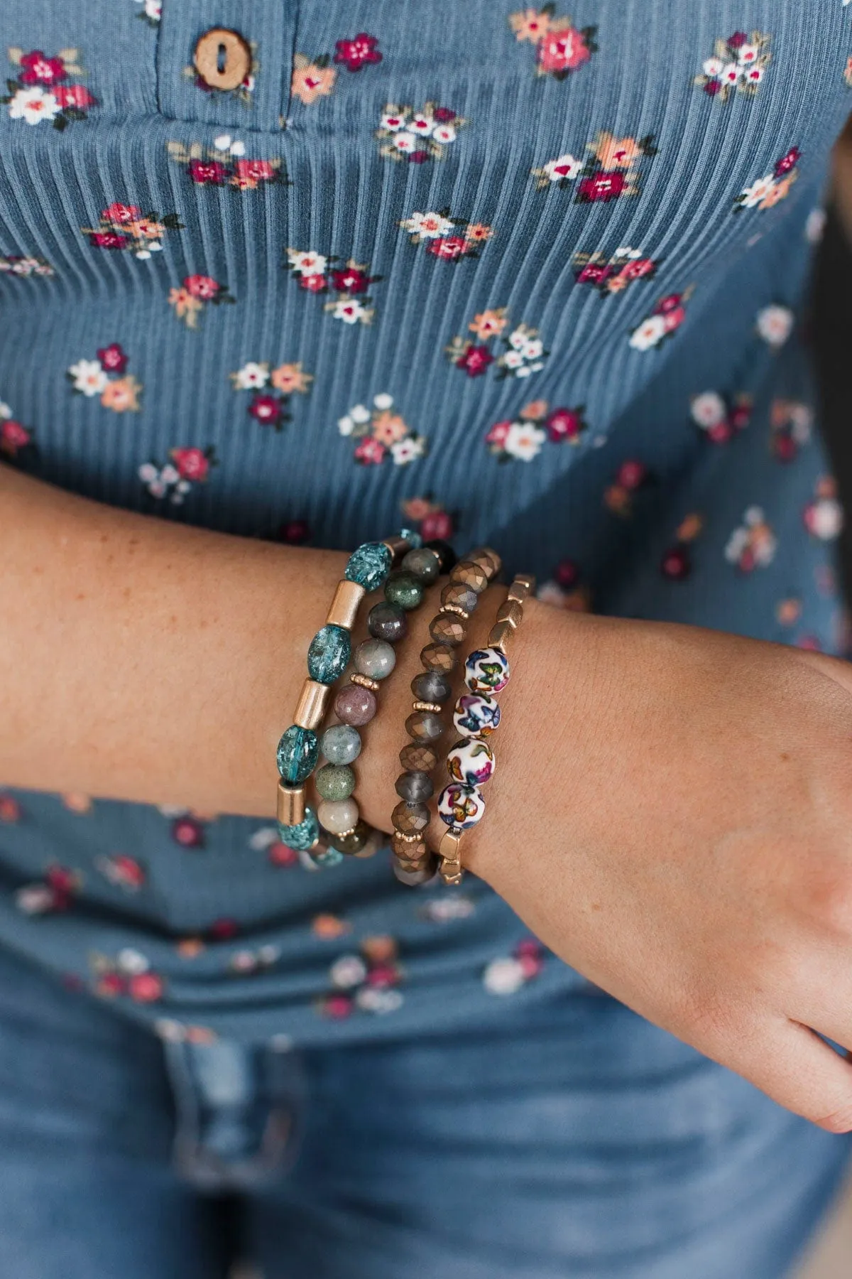 Elegant Bliss Beaded Bracelet Set- Green Multi