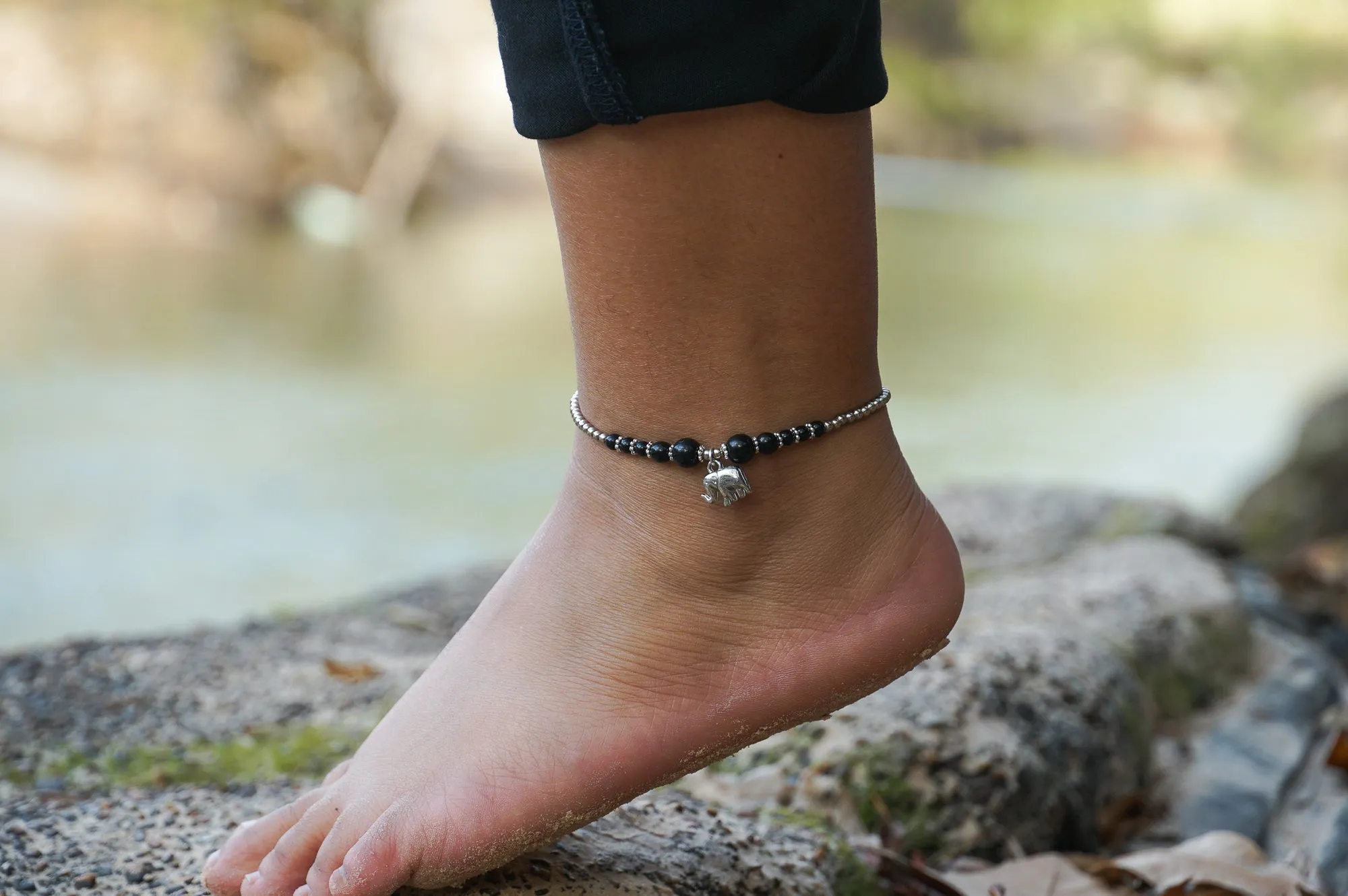 Elephant Black Onyx Beaded Boho Silver Anklet