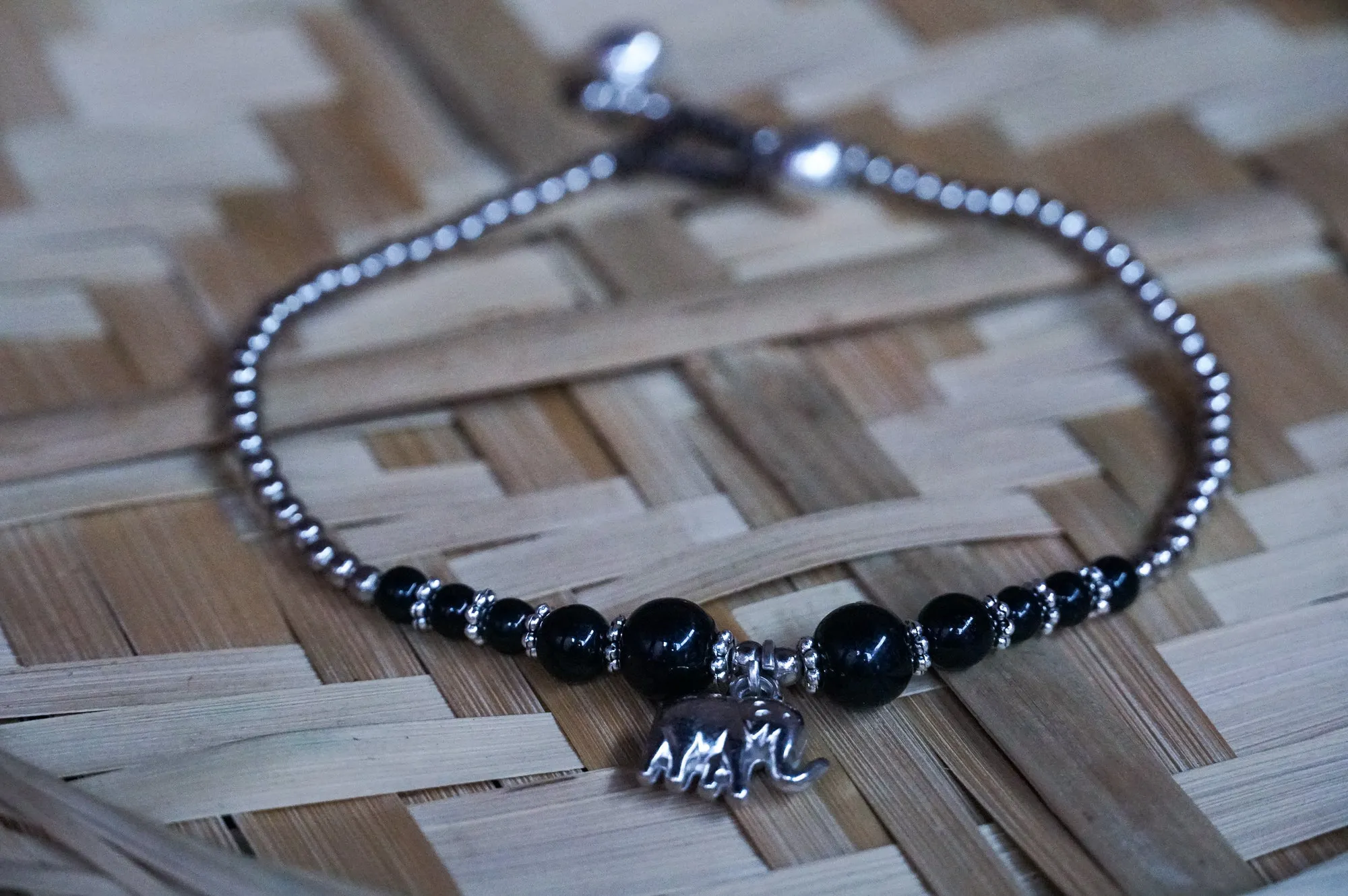Elephant Black Onyx Beaded Boho Silver Anklet