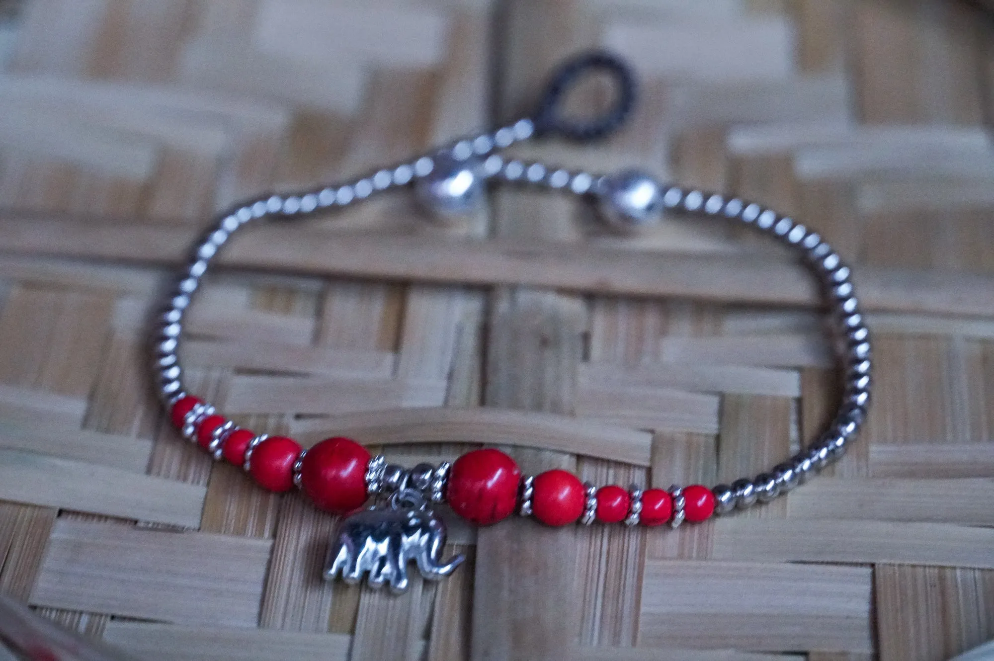 Elephant Red Coral Boho Silver Anklet