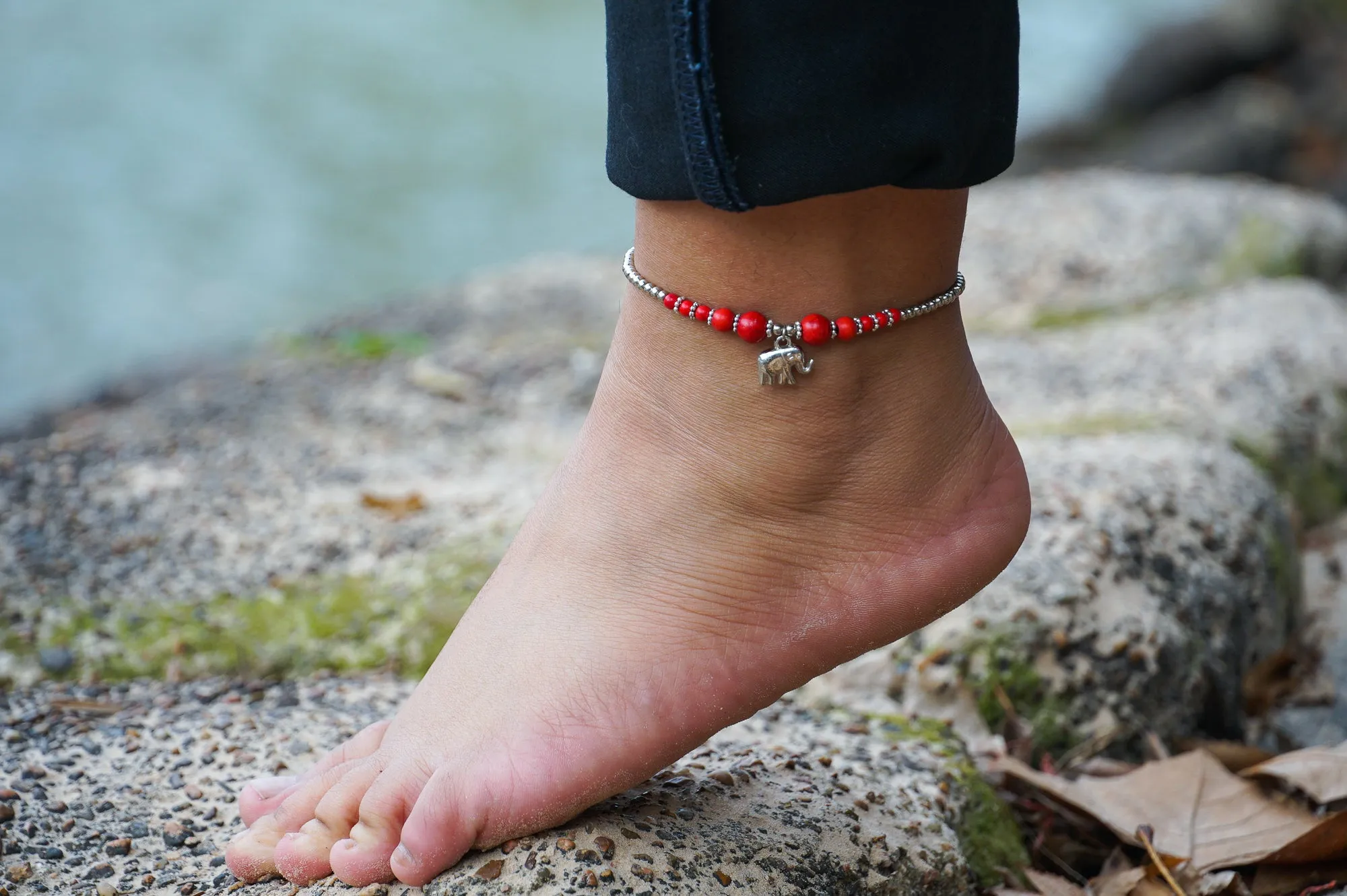 Elephant Red Coral Boho Silver Anklet