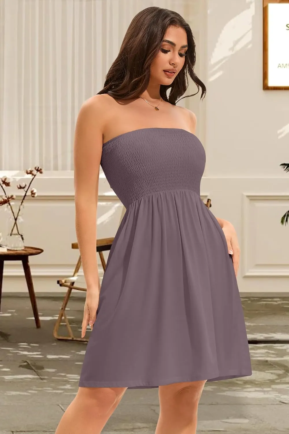 elescat Summer Dresses for Women Strapless Casual Beach Cover Ups Tube Top Sundress
