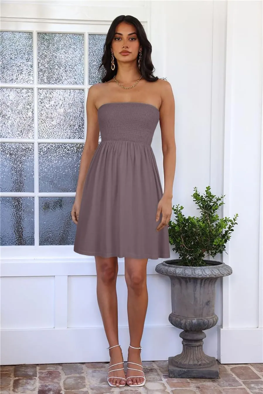 elescat Summer Dresses for Women Strapless Casual Beach Cover Ups Tube Top Sundress