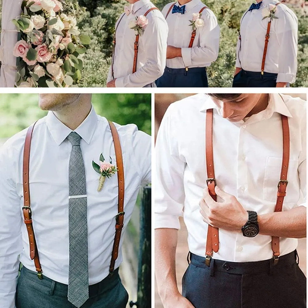 EURYNOME Leather Suspenders For Men, Brown Genuine Leather Suspenders Groomsmen Gifts