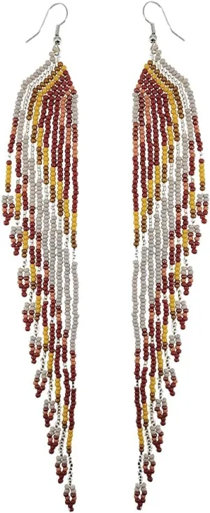 Extra Long Beaded Earrings, Boho Native Beaded Chandelier Dangle Earrings, Bohemian Indian Mexican Handmade Seed Bead Tassel Fringe Earrings for Women Summer Holiday