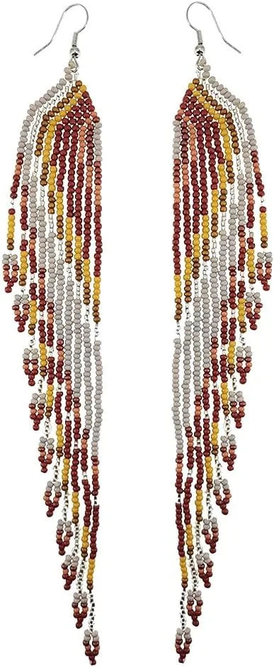Extra Long Beaded Earrings, Boho Native Beaded Chandelier Dangle Earrings, Bohemian Indian Mexican Handmade Seed Bead Tassel Fringe Earrings for Women Summer Holiday