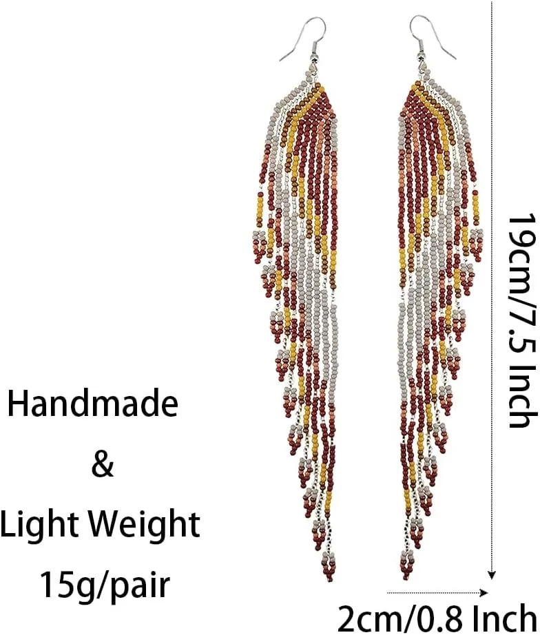 Extra Long Beaded Earrings, Boho Native Beaded Chandelier Dangle Earrings, Bohemian Indian Mexican Handmade Seed Bead Tassel Fringe Earrings for Women Summer Holiday
