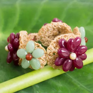 Floral Garland in Berry Deep Pink and Green Quartz Crocheted Flower Bracelet