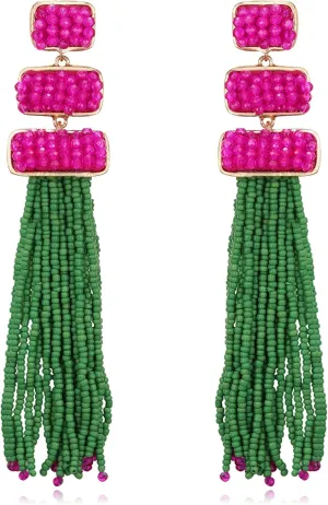 Flyonce Tassel Beaded Earrings, Summer Statement Boho Beads Long Fringe Drop Dangle Chandelier Earrings for Women
