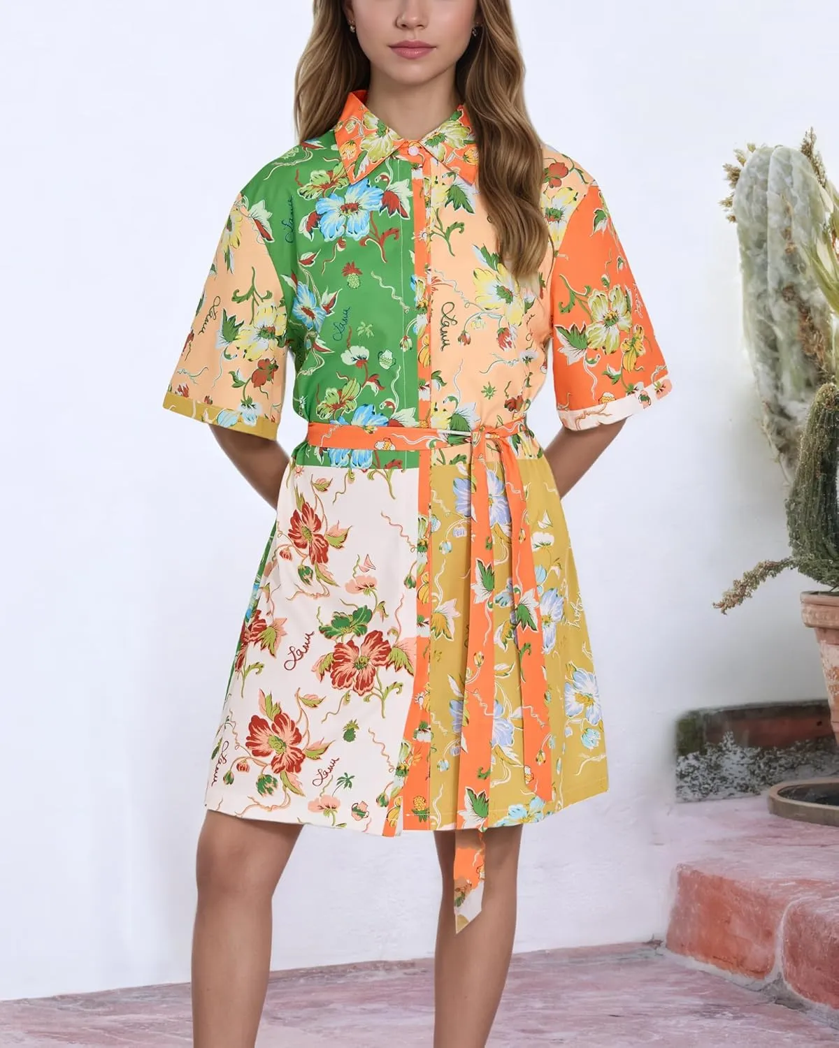 FOTN Belted Shirt Dresses for Women 2025 Point Collar Button Graffiti Mini Dress Casual Summer Lace Up Sundress for Vacation