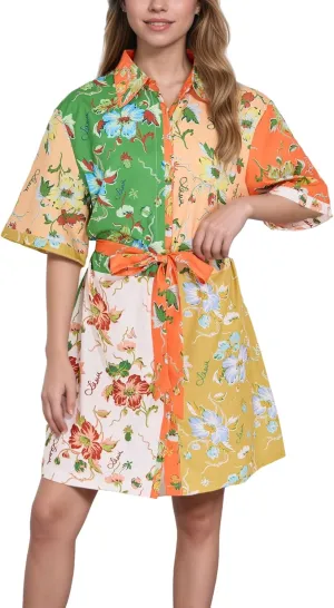FOTN Belted Shirt Dresses for Women 2025 Point Collar Button Graffiti Mini Dress Casual Summer Lace Up Sundress for Vacation