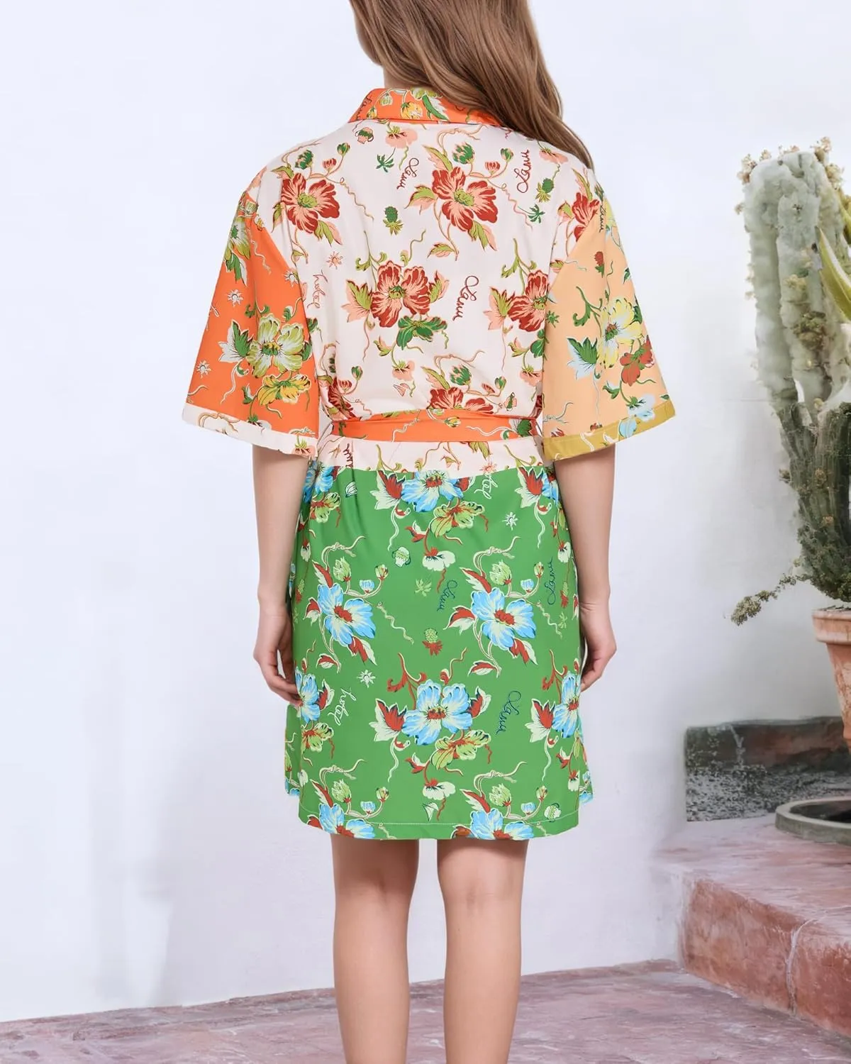 FOTN Belted Shirt Dresses for Women 2025 Point Collar Button Graffiti Mini Dress Casual Summer Lace Up Sundress for Vacation