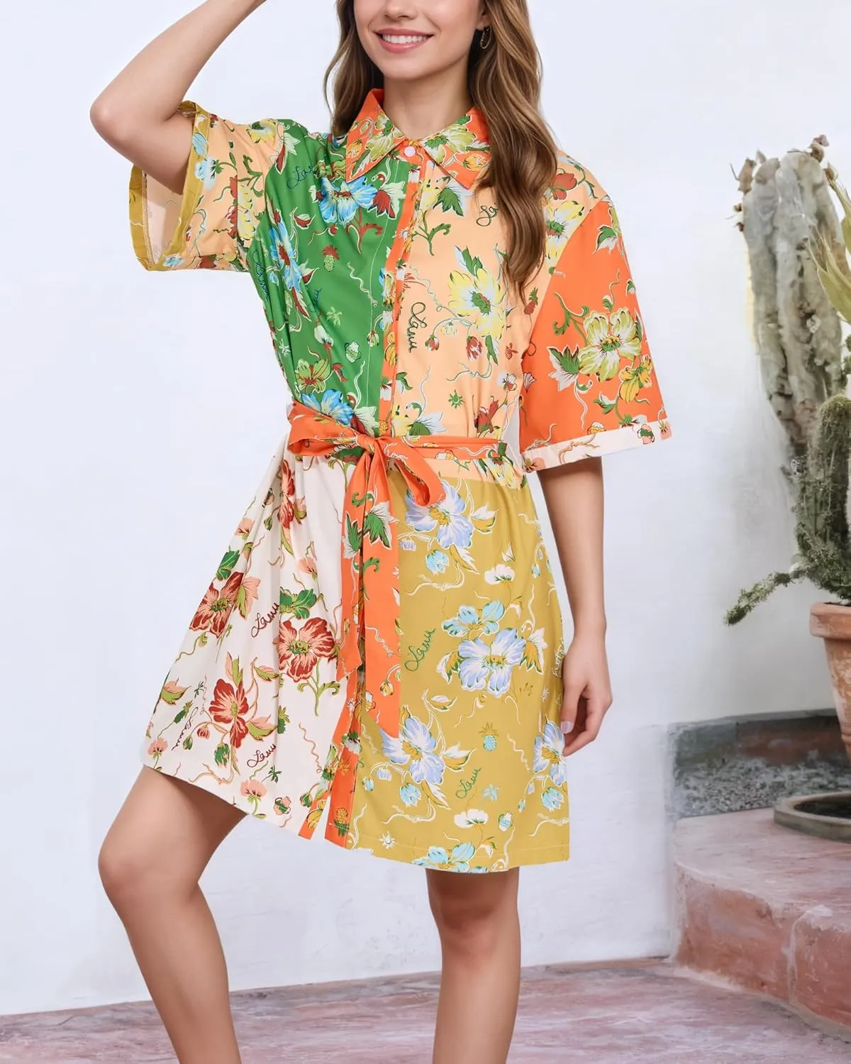 FOTN Belted Shirt Dresses for Women 2025 Point Collar Button Graffiti Mini Dress Casual Summer Lace Up Sundress for Vacation