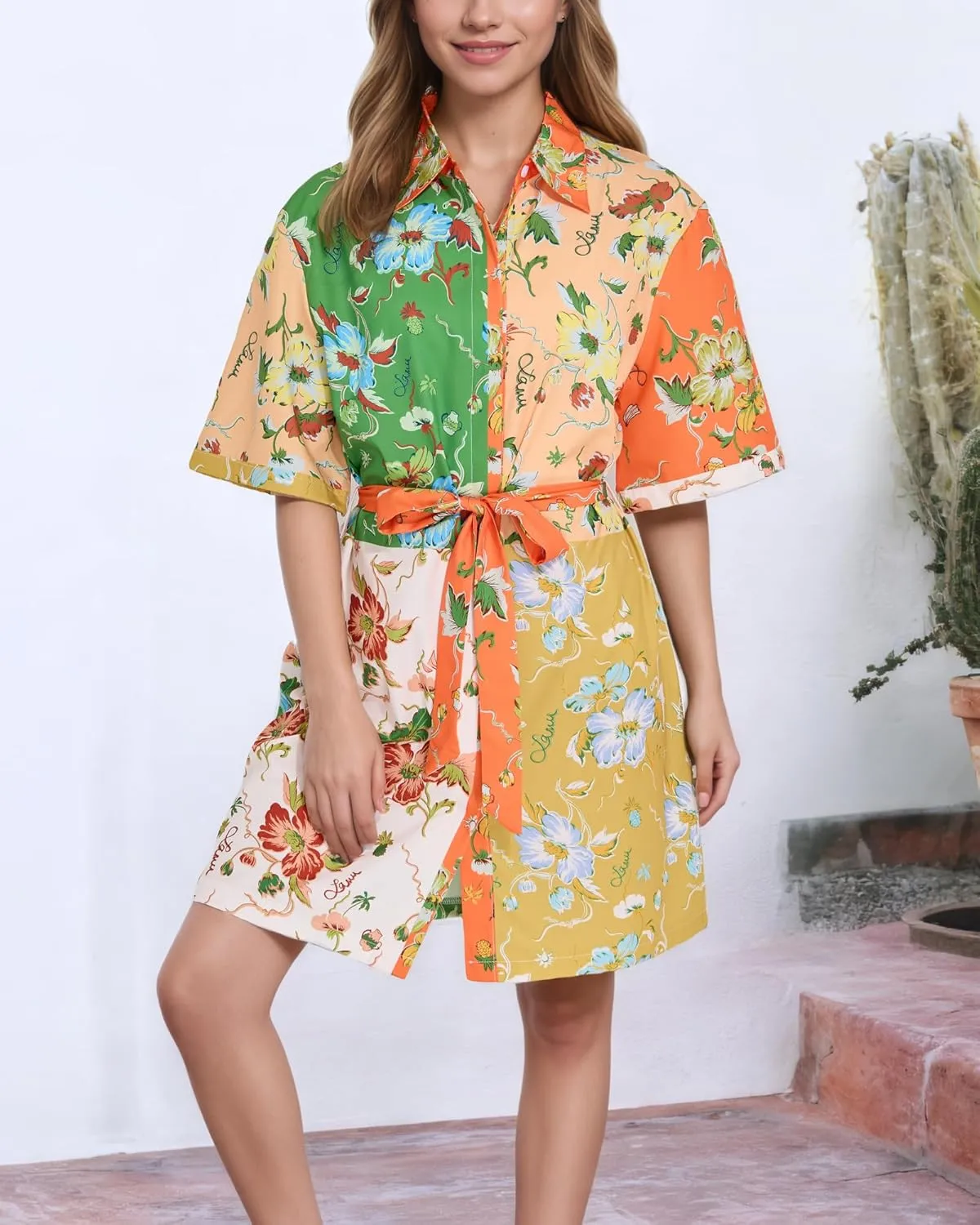 FOTN Belted Shirt Dresses for Women 2025 Point Collar Button Graffiti Mini Dress Casual Summer Lace Up Sundress for Vacation