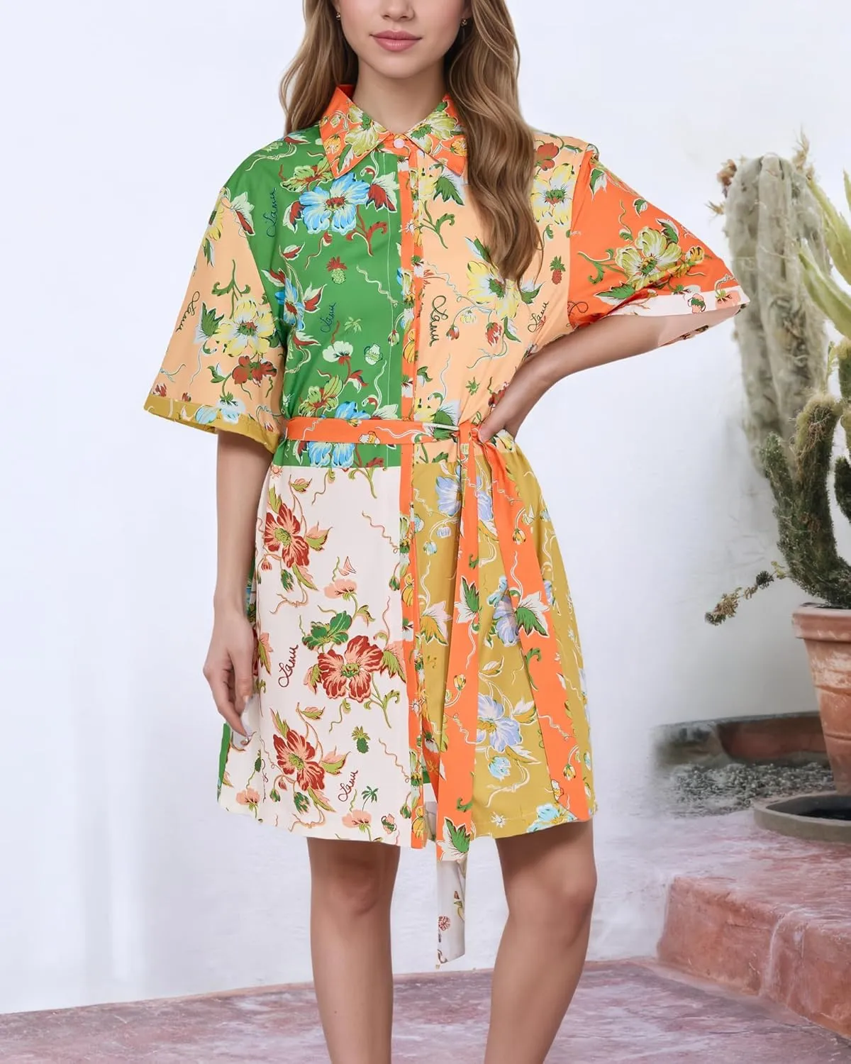 FOTN Belted Shirt Dresses for Women 2025 Point Collar Button Graffiti Mini Dress Casual Summer Lace Up Sundress for Vacation