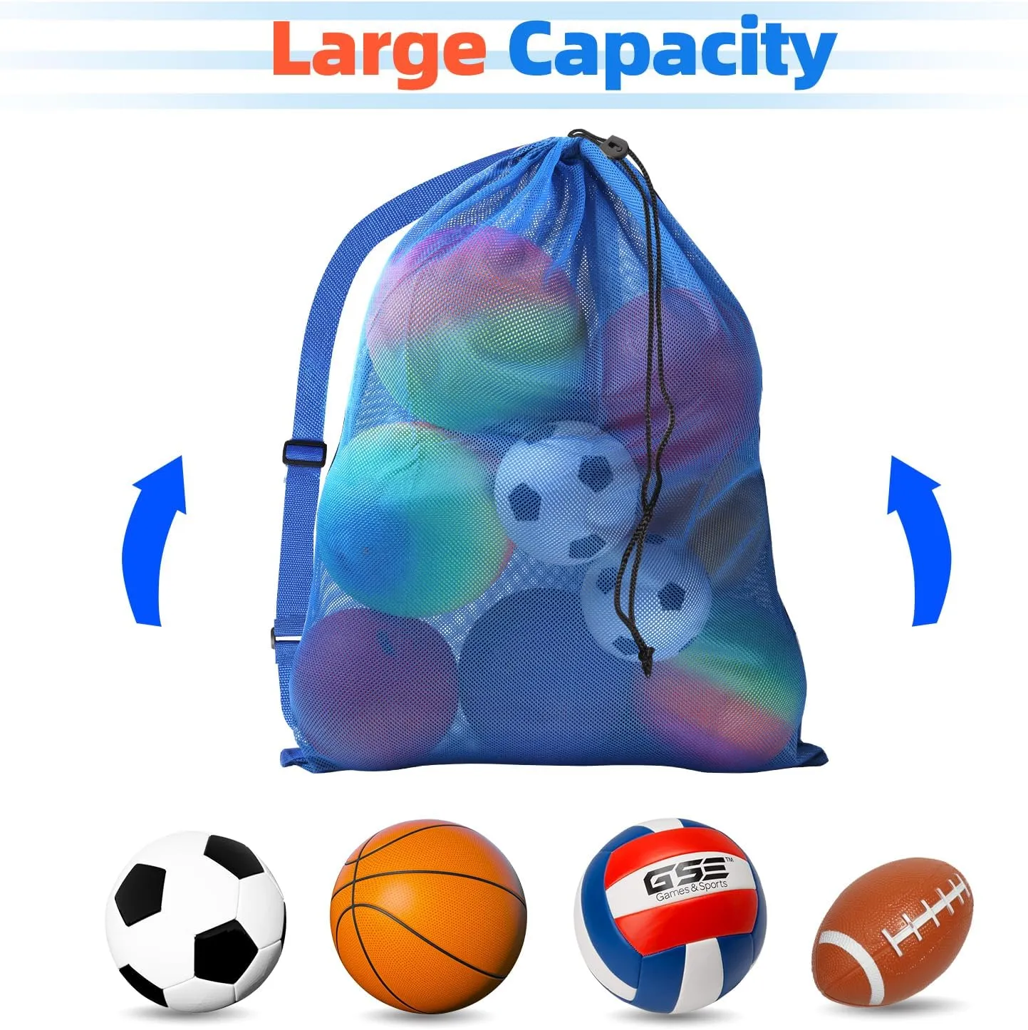 GSE Games & Sports Expert Blue Extra Large Mesh Sports Ball Drawstring Bag, 30" x 40" Soccer Equipment Bag with Adjustable Shoulder Strap for Football, Basketball, Volleyball, Swimming