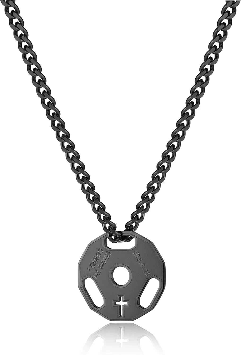 HZMAN Mens Fashion Stainless Steel Fitness Gym Dumbbell Weight Plate Barbell Chain Pendant Necklace