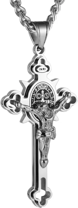HZMAN Religion Stainless Steel Saint St St. Benedict Crucifix Cross Pendants Necklace INRI