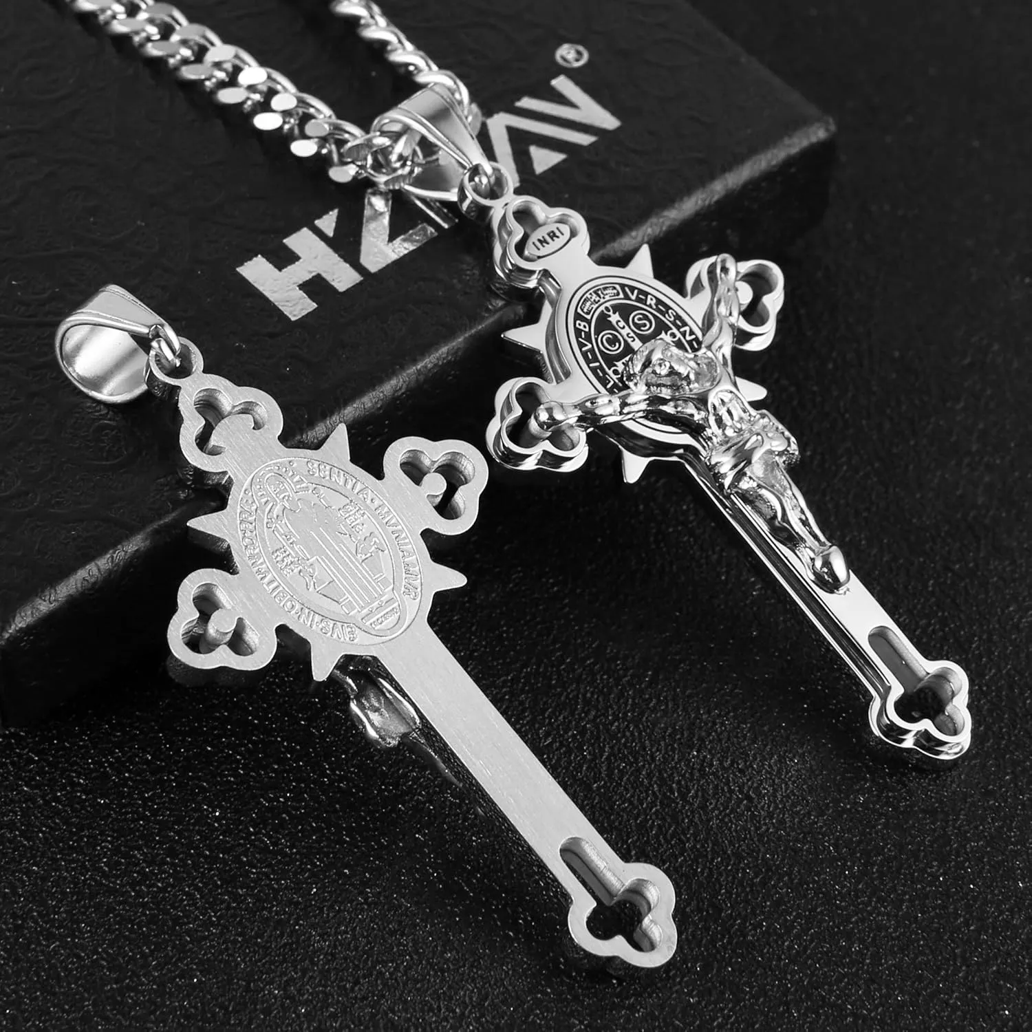 HZMAN Religion Stainless Steel Saint St St. Benedict Crucifix Cross Pendants Necklace INRI