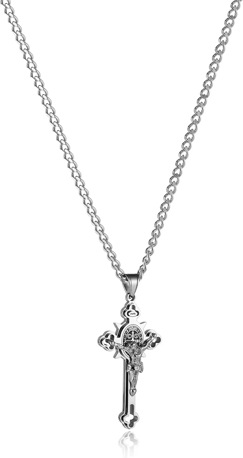 HZMAN Religion Stainless Steel Saint St St. Benedict Crucifix Cross Pendants Necklace INRI