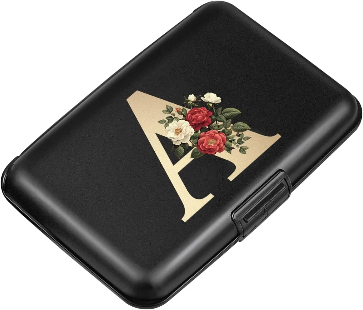 Initial Letter A Credit Card Holder Personalized Small Wallet Hard Shell Rose Flower Card Case RFID Blocking Mini Wallets for Women and Girls, Letter A