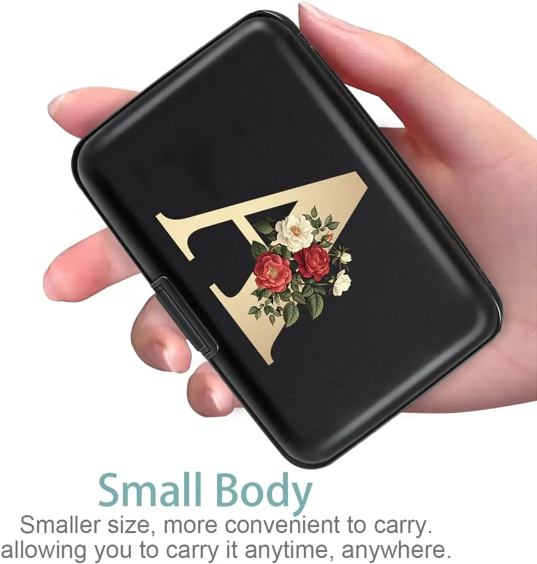 Initial Letter A Credit Card Holder Personalized Small Wallet Hard Shell Rose Flower Card Case RFID Blocking Mini Wallets for Women and Girls, Letter A
