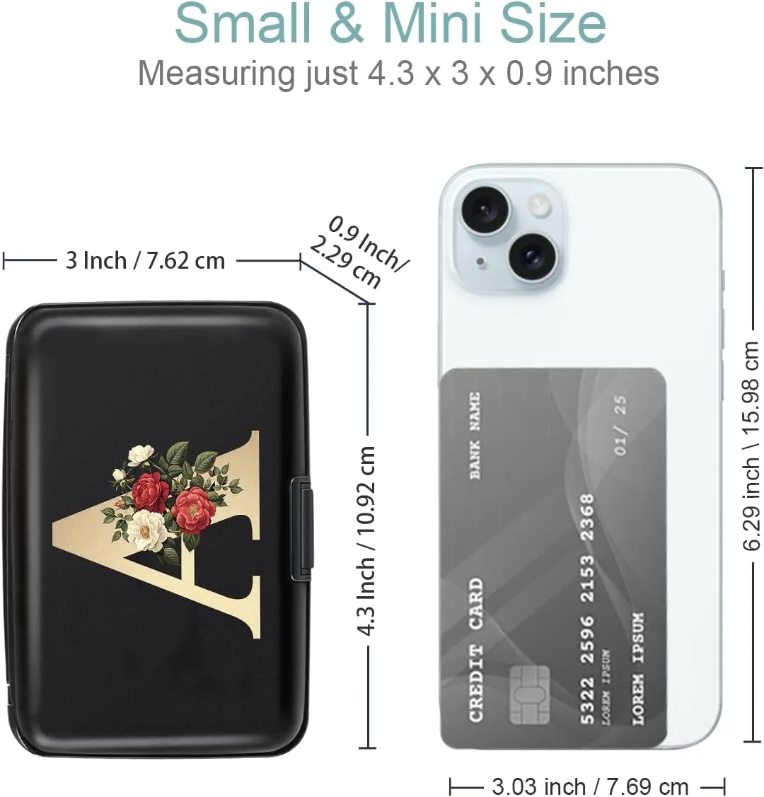 Initial Letter A Credit Card Holder Personalized Small Wallet Hard Shell Rose Flower Card Case RFID Blocking Mini Wallets for Women and Girls, Letter A