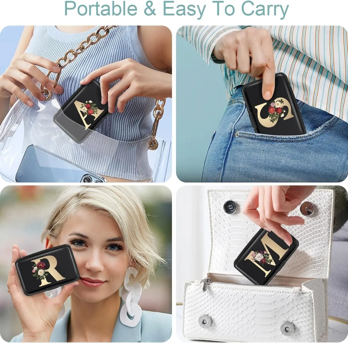 Initial Letter A Credit Card Holder Personalized Small Wallet Hard Shell Rose Flower Card Case RFID Blocking Mini Wallets for Women and Girls, Letter A