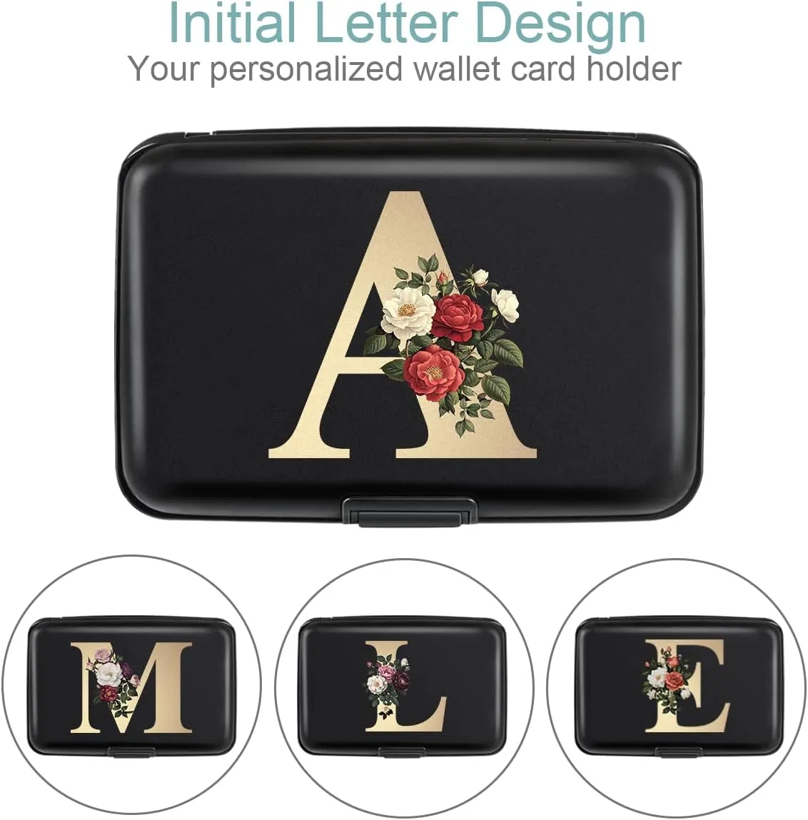 Initial Letter A Credit Card Holder Personalized Small Wallet Hard Shell Rose Flower Card Case RFID Blocking Mini Wallets for Women and Girls, Letter A