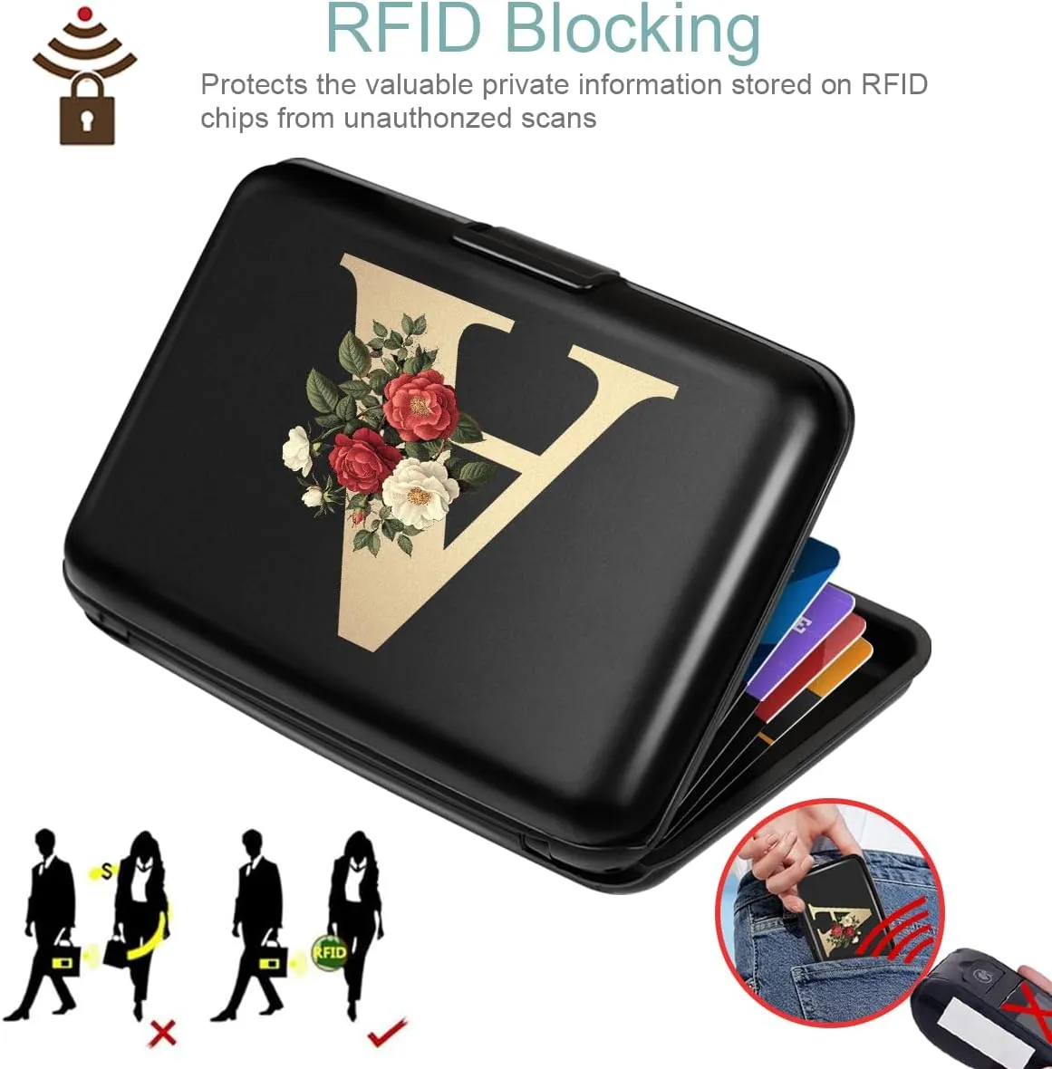 Initial Letter A Credit Card Holder Personalized Small Wallet Hard Shell Rose Flower Card Case RFID Blocking Mini Wallets for Women and Girls, Letter A