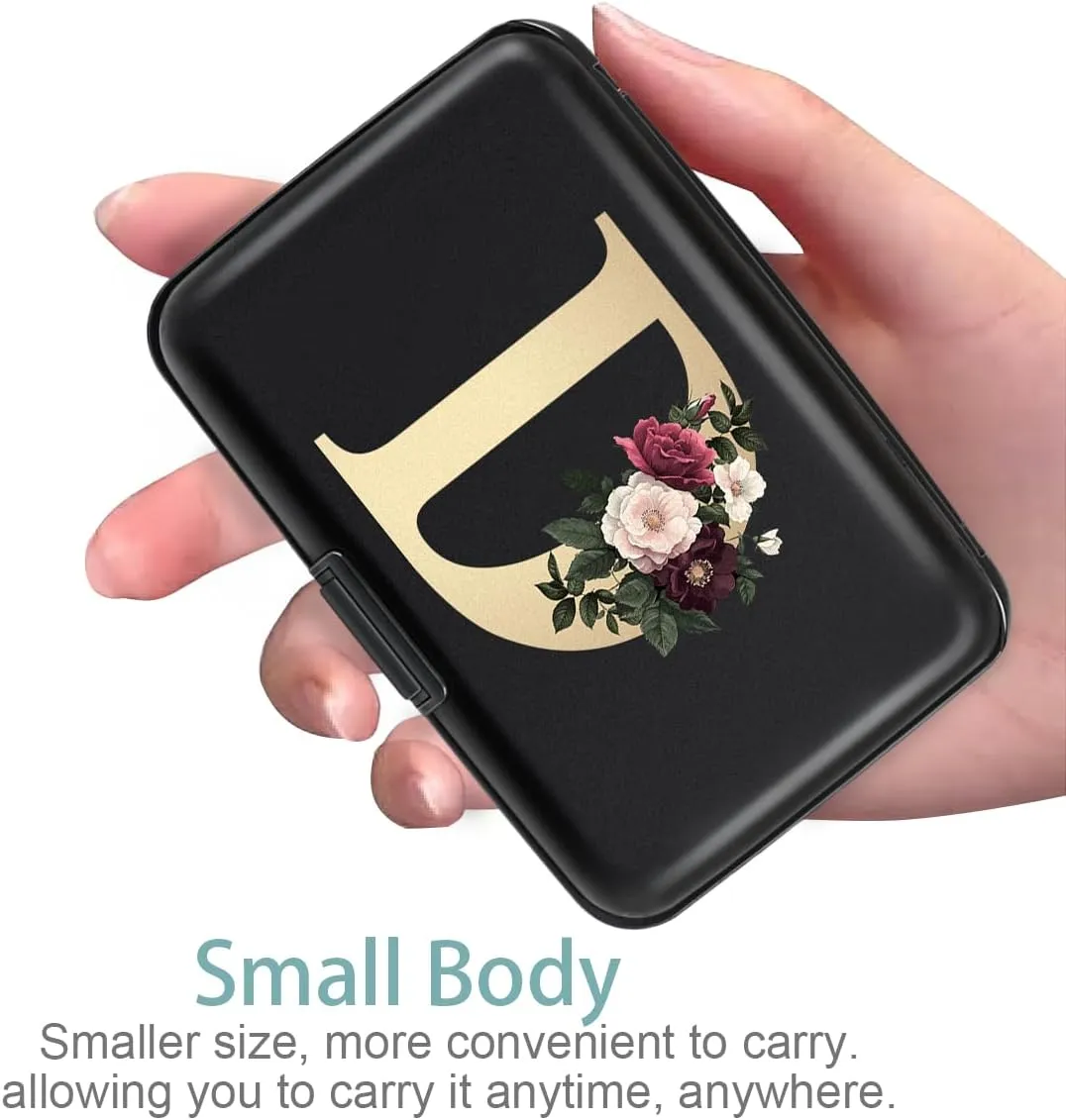 Initial Letter D Credit Card Holder Personalized Small Wallet Hard Shell Rose Flower Card Case RFID Blocking Mini Wallets for Women and Girls, Letter D