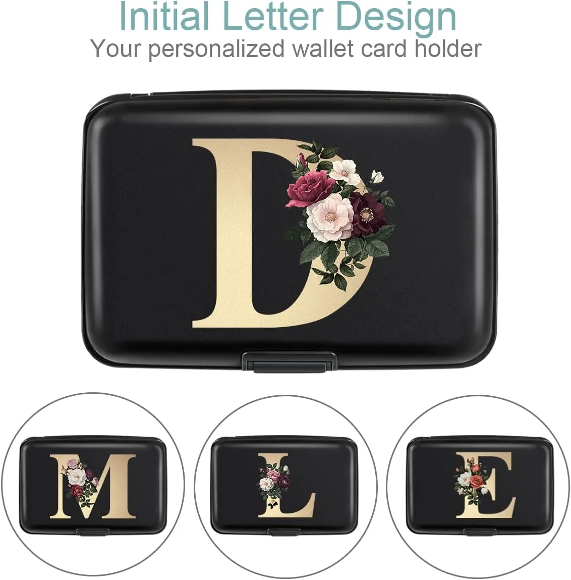 Initial Letter D Credit Card Holder Personalized Small Wallet Hard Shell Rose Flower Card Case RFID Blocking Mini Wallets for Women and Girls, Letter D
