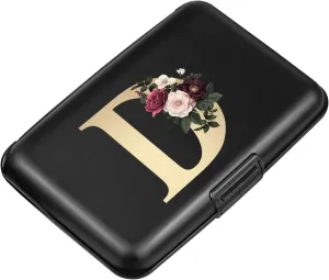 Initial Letter D Credit Card Holder Personalized Small Wallet Hard Shell Rose Flower Card Case RFID Blocking Mini Wallets for Women and Girls, Letter D