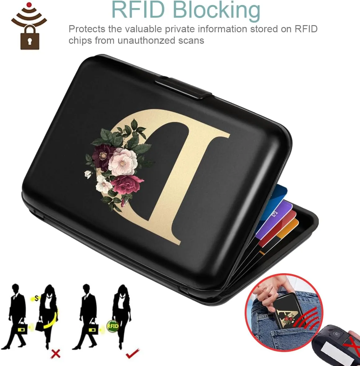 Initial Letter D Credit Card Holder Personalized Small Wallet Hard Shell Rose Flower Card Case RFID Blocking Mini Wallets for Women and Girls, Letter D