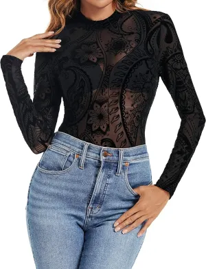 Mesh Top for Women Long Sleeve Mock Neck Mesh Shirt Sheer Top Solid Floral Tee Shirts S-XXL