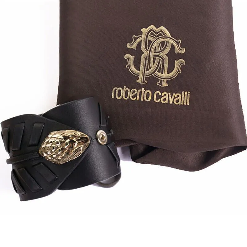 NEW $725 ROBERTO CAVALLI Black Leather GOLD SNAKE HEAD Rocker Chic CUFF BRACELET