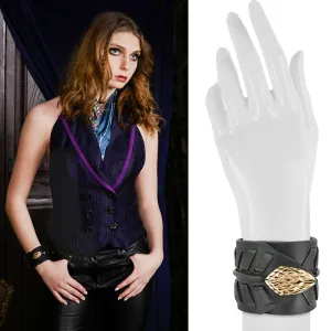 NEW $725 ROBERTO CAVALLI Black Leather GOLD SNAKE HEAD Rocker Chic CUFF BRACELET