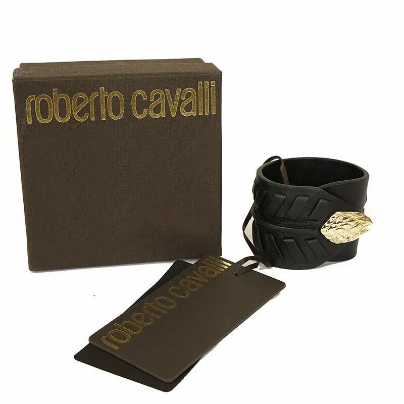 NEW $725 ROBERTO CAVALLI Black Leather GOLD SNAKE HEAD Rocker Chic CUFF BRACELET