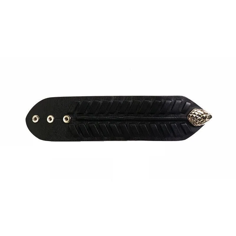 NEW $725 ROBERTO CAVALLI Black Leather GOLD SNAKE HEAD Rocker Chic CUFF BRACELET